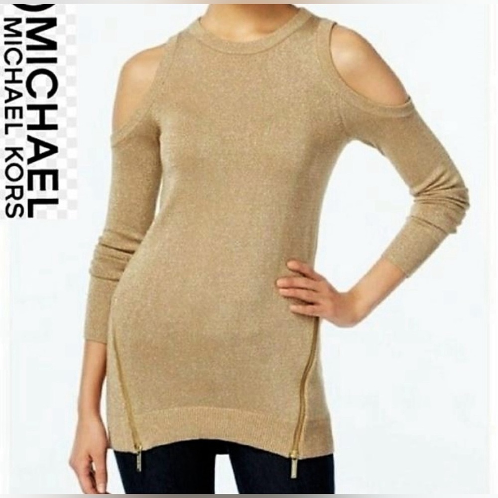 Michael Kors Sweater Cold Shoulder Dark Camel Gold Size Petite